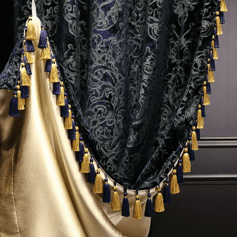 “Nocturne in Gold” Rococo Curtains – Velvet Versailles Drapes with Baroque Tassels for Romantic Home Interiors - WonderlandByLilian