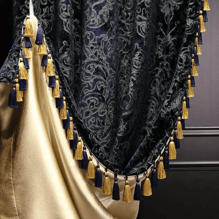 “Nocturne in Gold” Rococo Curtains – Velvet Versailles Drapes with Baroque Tassels for Romantic Home Interiors - WonderlandByLilian