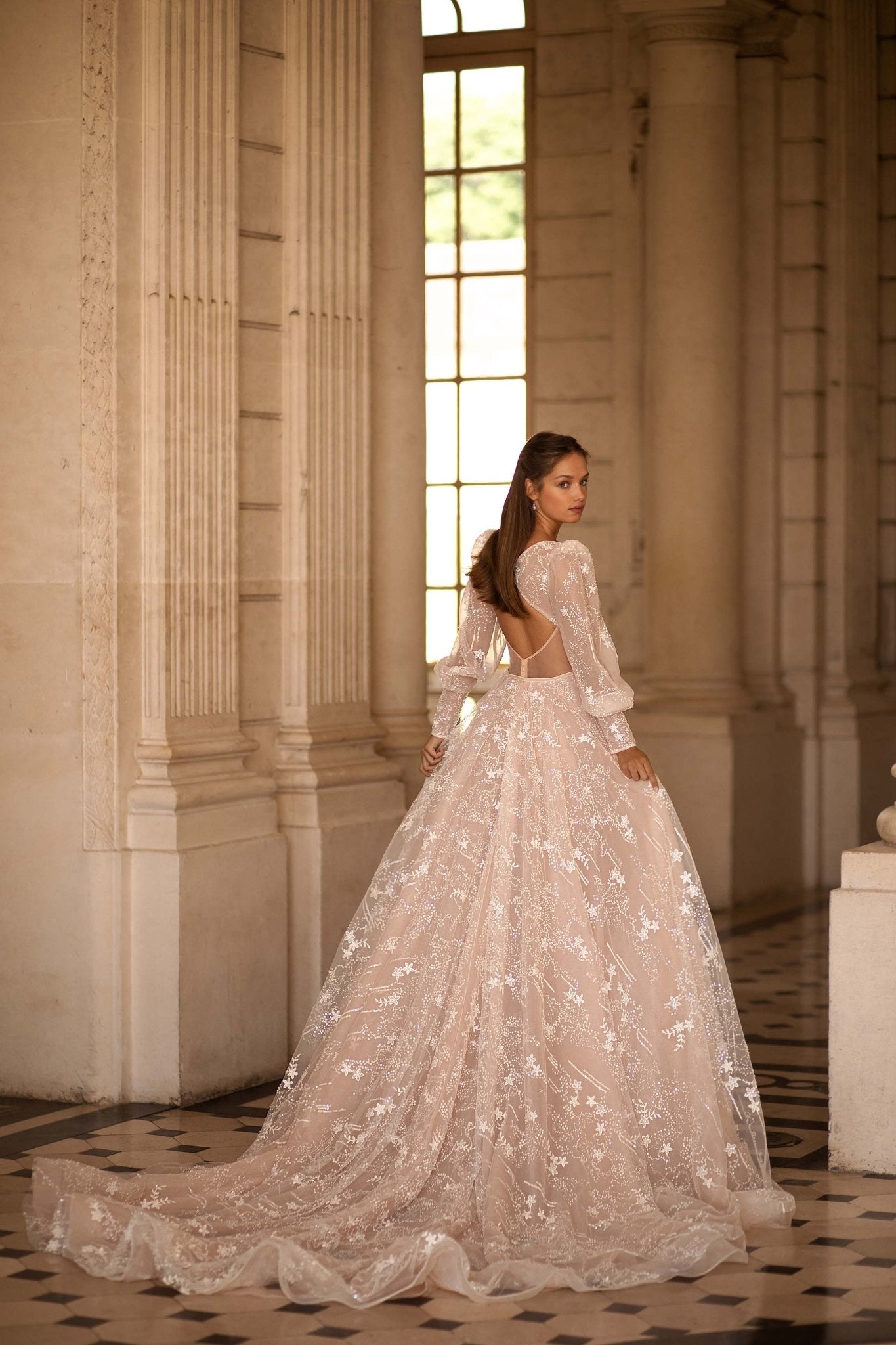 Nude Champagne Wedding Dress with Sleeves - Sparkly A-Line Gown