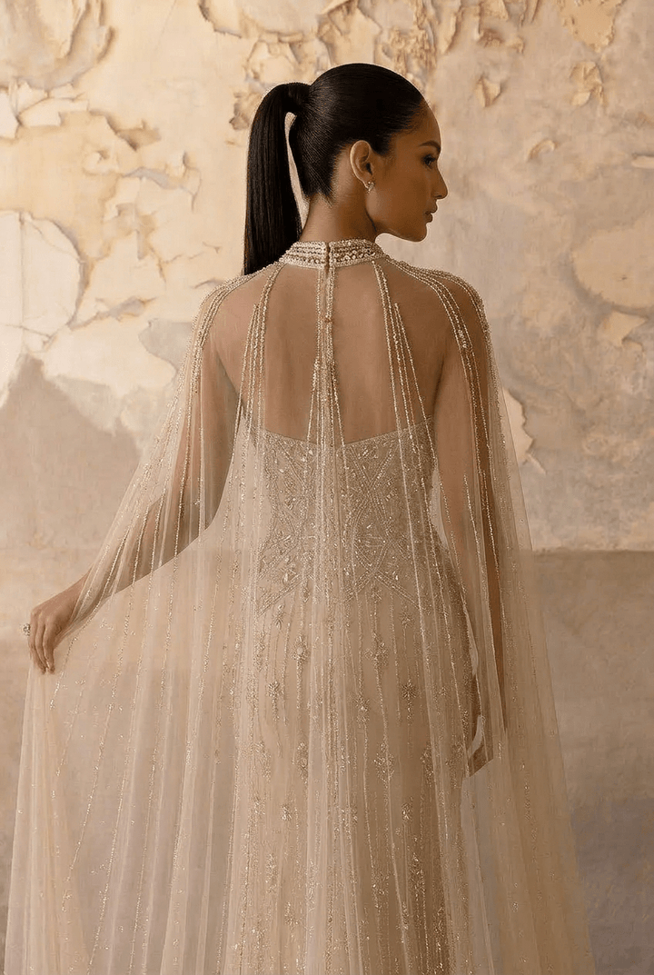 Nude Convertible Evening Dress - Sequin Evening Gown with Cape – Strapless Glitter Dress with Illusion Neckline Plus Size - WonderlandByLilian
