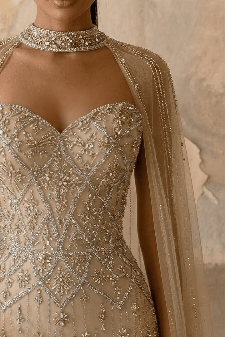 Nude Convertible Evening Dress - Sequin Evening Gown with Cape – Strapless Glitter Dress with Illusion Neckline Plus Size - WonderlandByLilian