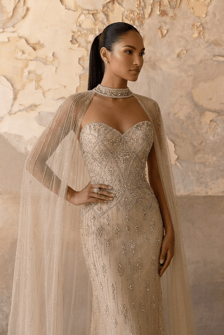 Nude Convertible Evening Dress - Sequin Evening Gown with Cape – Strapless Glitter Dress with Illusion Neckline Plus Size - WonderlandByLilian