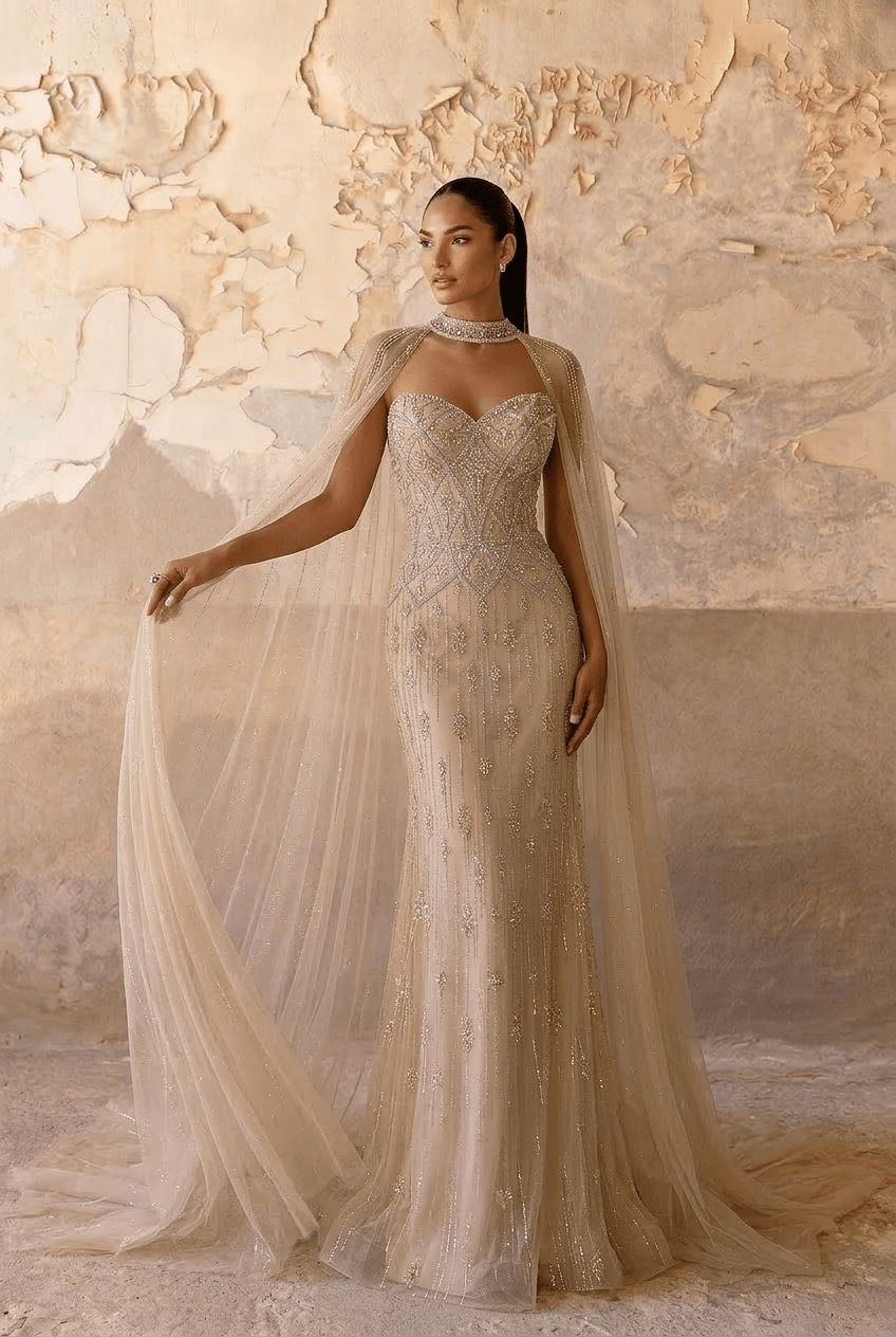Nude Convertible Evening Dress - Sequin Evening Gown with Cape – Strapless Glitter Dress with Illusion Neckline Plus Size - WonderlandByLilian