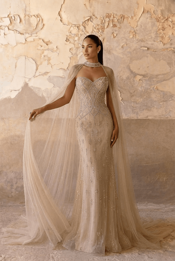 Nude Convertible Evening Dress - Sequin Evening Gown with Cape – Strapless Glitter Dress with Illusion Neckline Plus Size - WonderlandByLilian