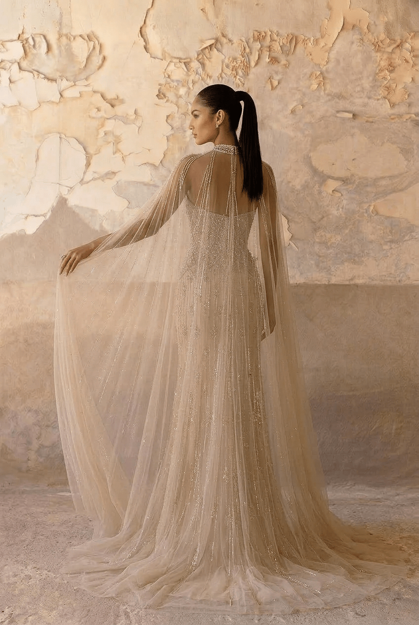 Nude Convertible Evening Dress - Sequin Evening Gown with Cape – Strapless Glitter Dress with Illusion Neckline Plus Size - WonderlandByLilian
