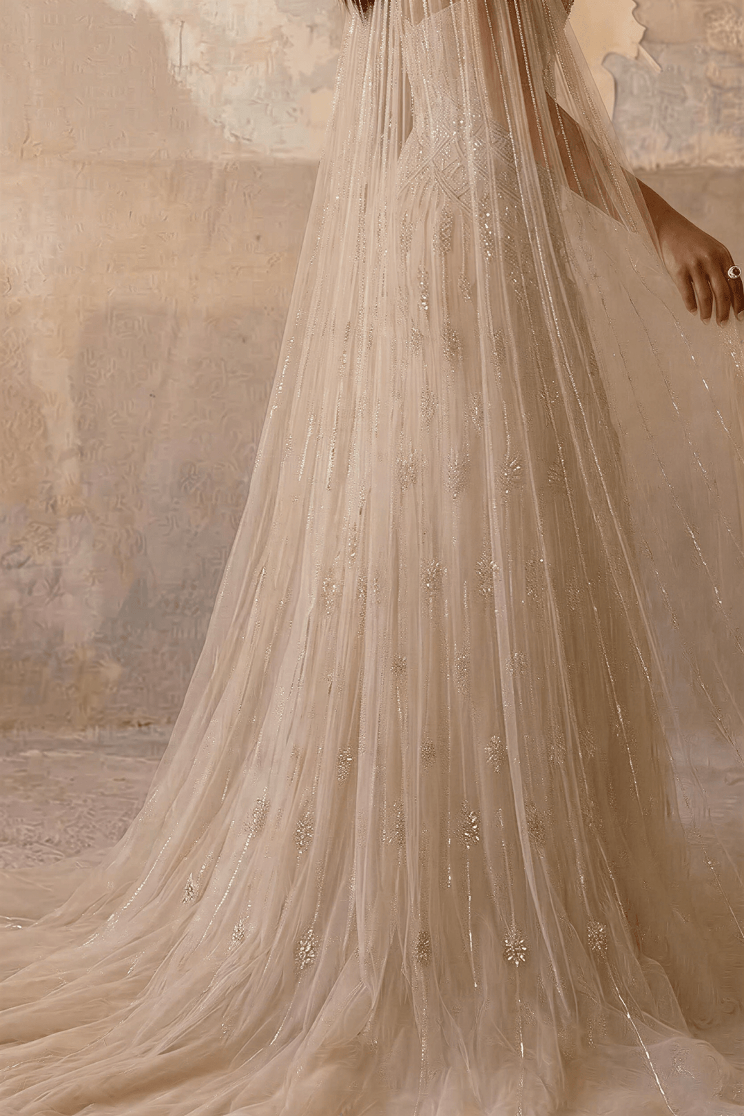 Nude Convertible Evening Dress - Sequin Evening Gown with Cape – Strapless Glitter Dress with Illusion Neckline Plus Size - WonderlandByLilian