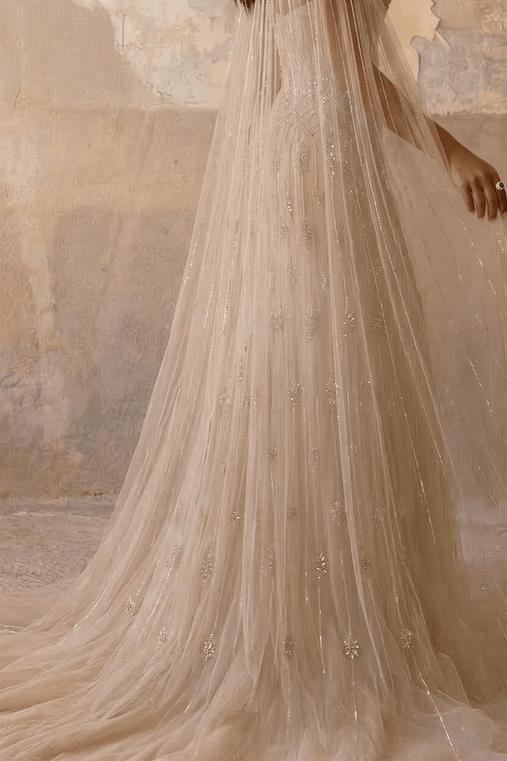 Nude Convertible Evening Dress - Sequin Evening Gown with Cape – Strapless Glitter Dress with Illusion Neckline Plus Size - WonderlandByLilian
