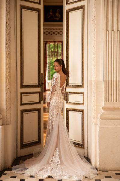Nude Long Sleeve Lace Wedding Dress with Deep V-Neckline and Train Plus Size - WonderlandByLilian