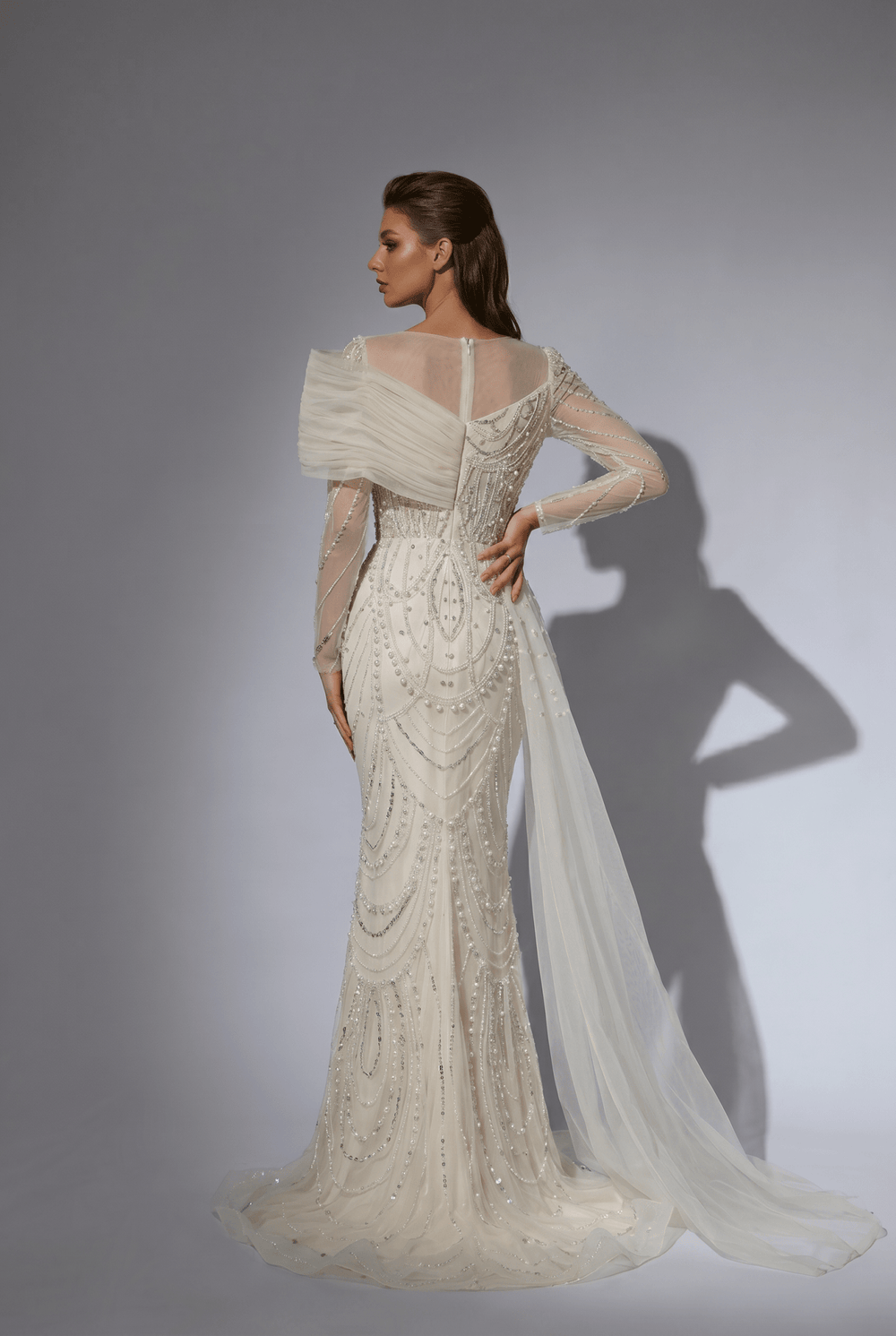 Nude One Shoulder Sequin Evening Gown with Long Sleeve – Illusion Formal Dress with Draped Tulle Plus Size - WonderlandByLilian