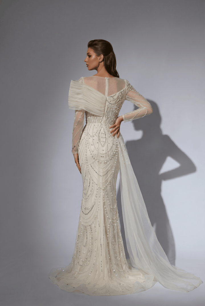 Nude One Shoulder Sequin Evening Gown with Long Sleeve – Illusion Formal Dress with Draped Tulle Plus Size - WonderlandByLilian