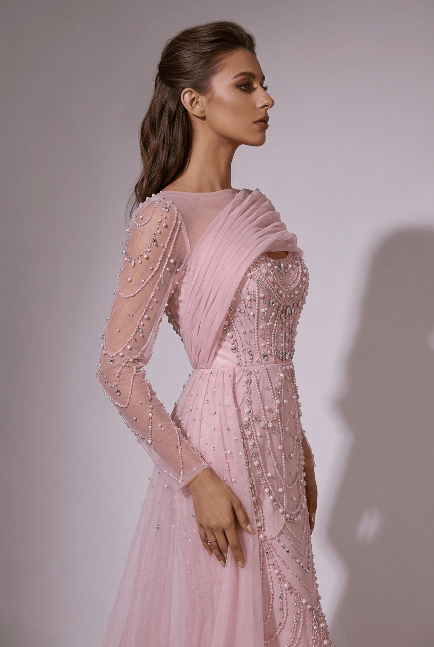 Nude One Shoulder Sequin Evening Gown with Long Sleeve – Illusion Formal Dress with Draped Tulle Plus Size - WonderlandByLilian