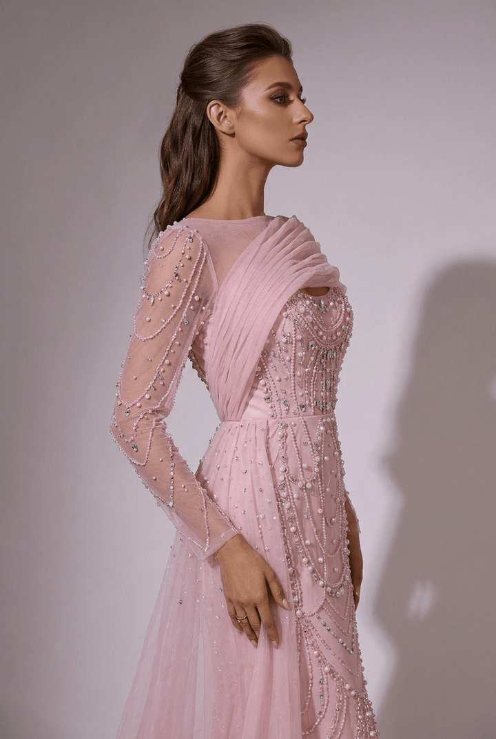 Nude One Shoulder Sequin Evening Gown with Long Sleeve – Illusion Formal Dress with Draped Tulle Plus Size - WonderlandByLilian