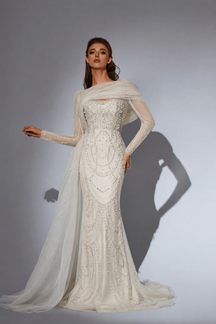Nude One Shoulder Sequin Evening Gown with Long Sleeve – Illusion Formal Dress with Draped Tulle Plus Size - WonderlandByLilian