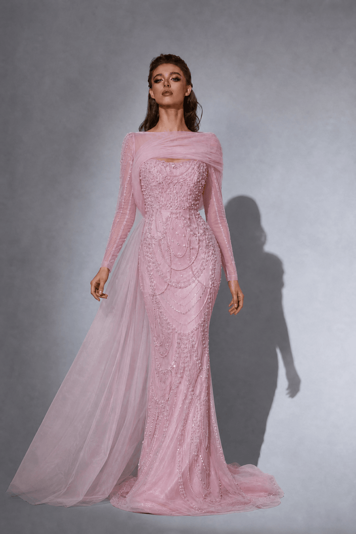 Nude One Shoulder Sequin Evening Gown with Long Sleeve – Illusion Formal Dress with Draped Tulle Plus Size - WonderlandByLilian