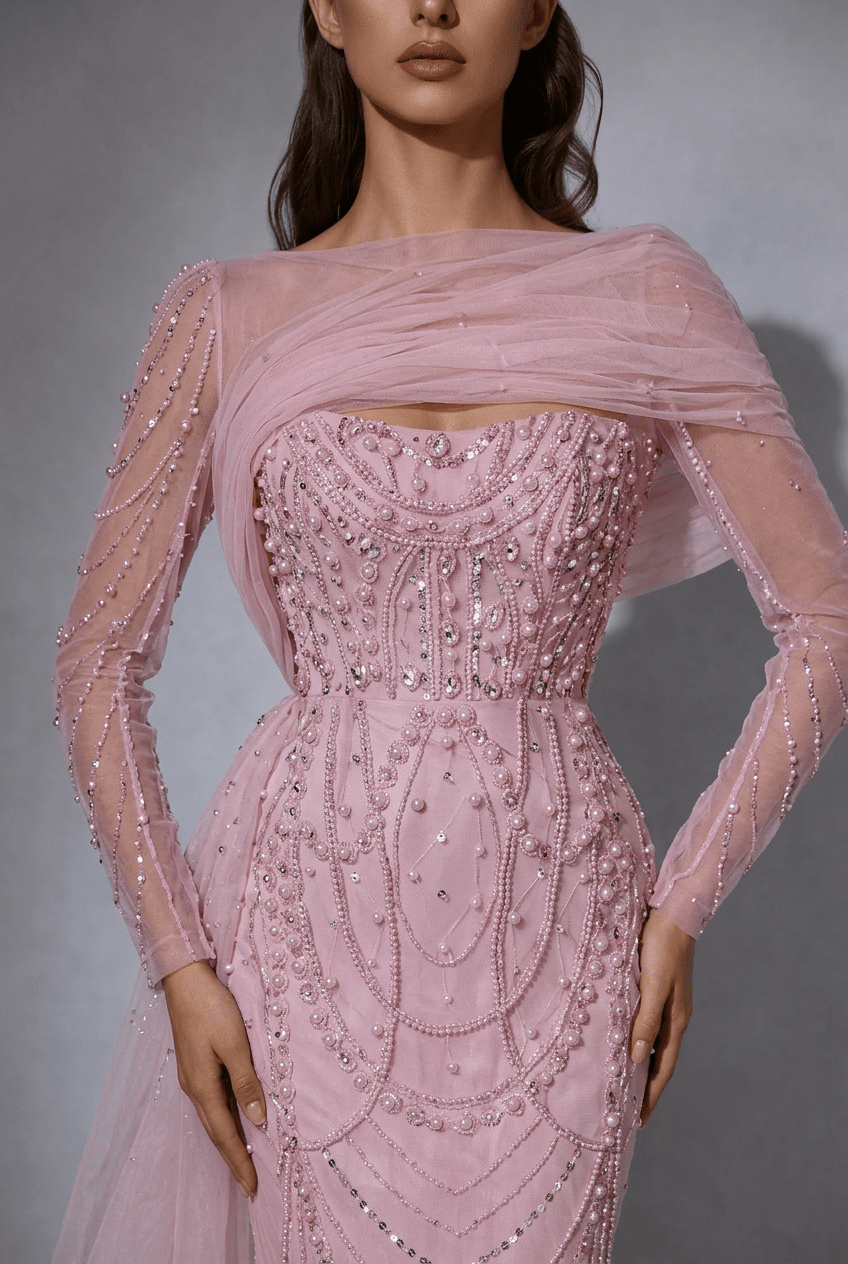 Nude One Shoulder Sequin Evening Gown with Long Sleeve – Illusion Formal Dress with Draped Tulle Plus Size - WonderlandByLilian