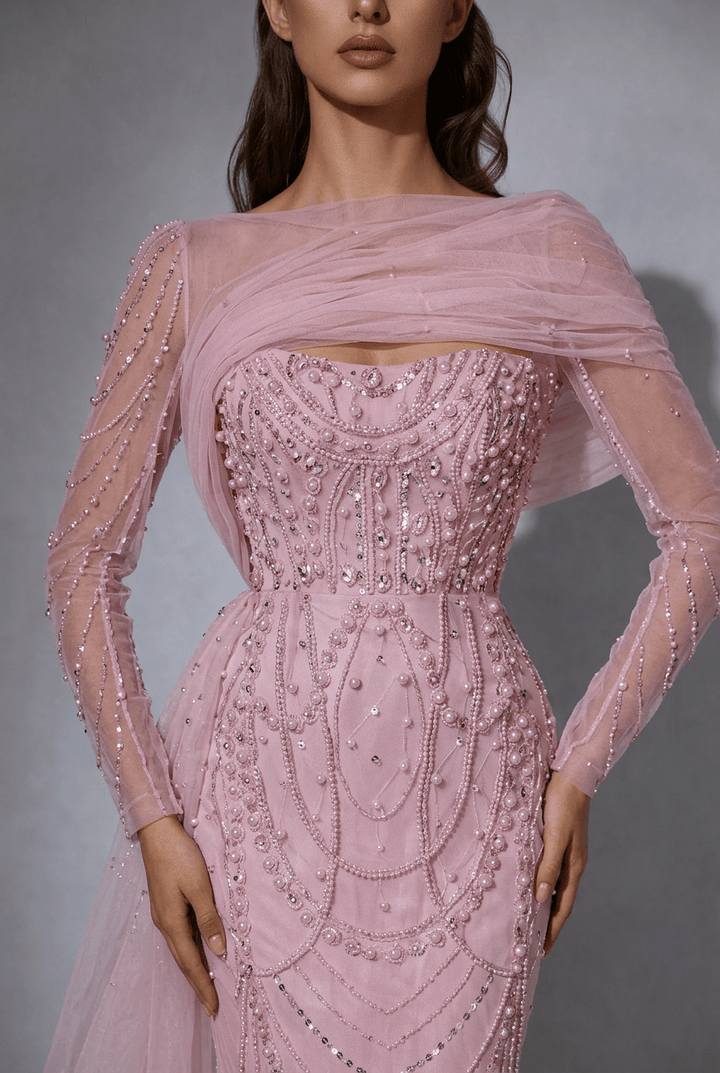 Nude One Shoulder Sequin Evening Gown with Long Sleeve – Illusion Formal Dress with Draped Tulle Plus Size - WonderlandByLilian