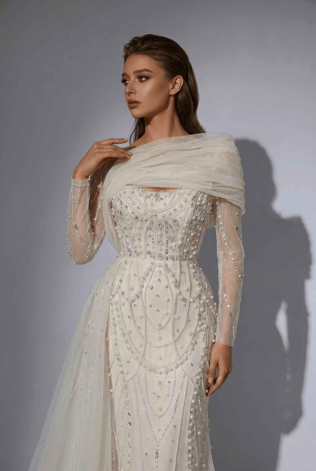 Nude One Shoulder Sequin Evening Gown with Long Sleeve – Illusion Formal Dress with Draped Tulle Plus Size - WonderlandByLilian