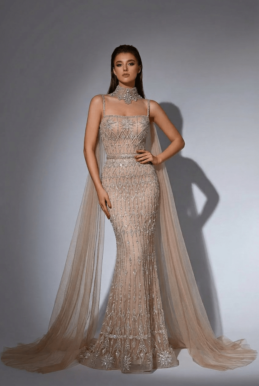 Nude Sequin Evening Gown with Cape – Sparkly Maxi Dress with Beaded Bodice and Tulle Train Plus Size - WonderlandByLilian