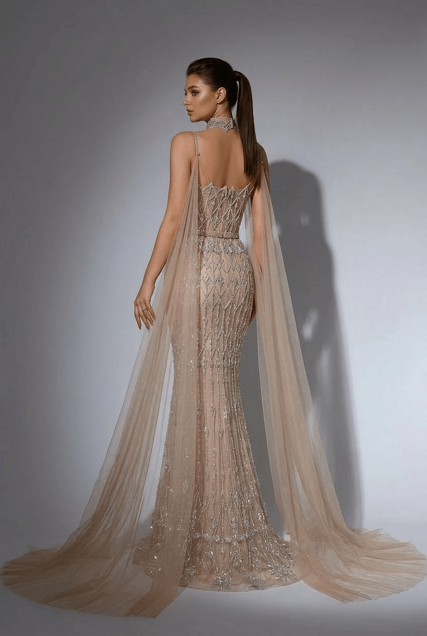 Nude Sequin Evening Gown with Cape – Sparkly Maxi Dress with Beaded Bodice and Tulle Train Plus Size - WonderlandByLilian