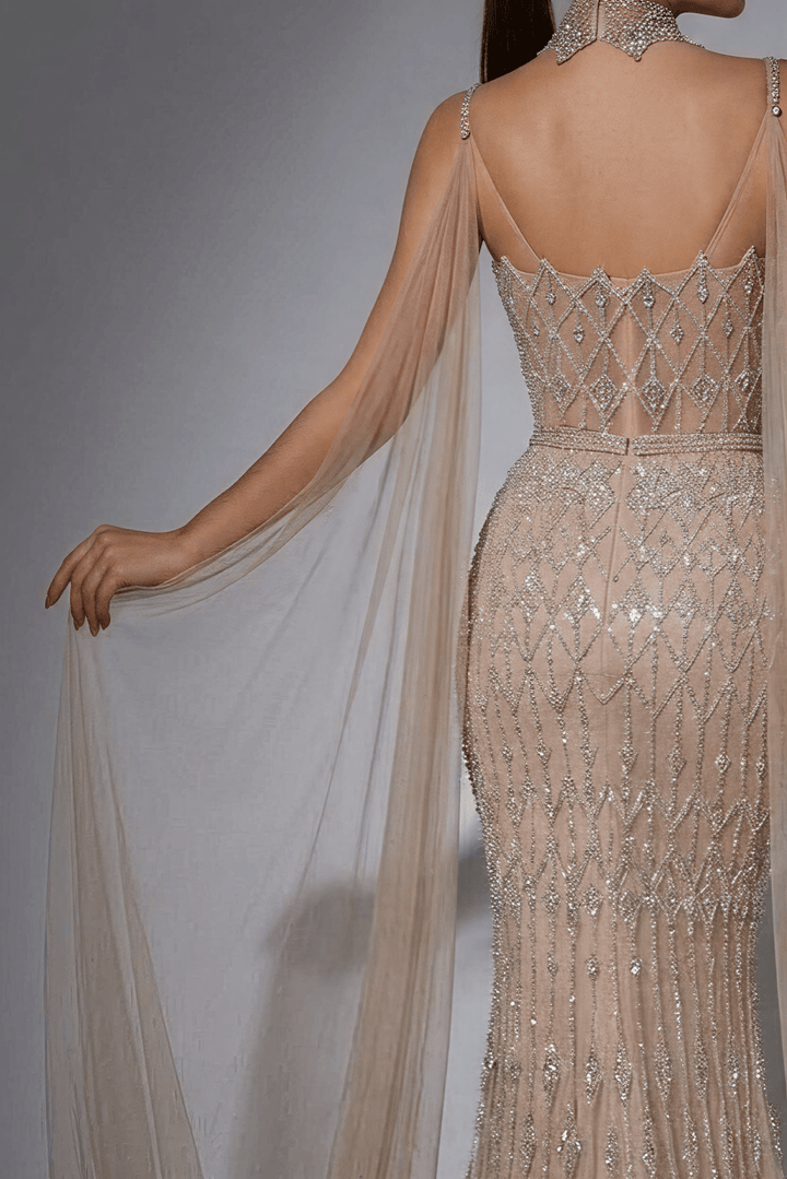 Nude Sequin Evening Gown with Cape – Sparkly Maxi Dress with Beaded Bodice and Tulle Train Plus Size - WonderlandByLilian