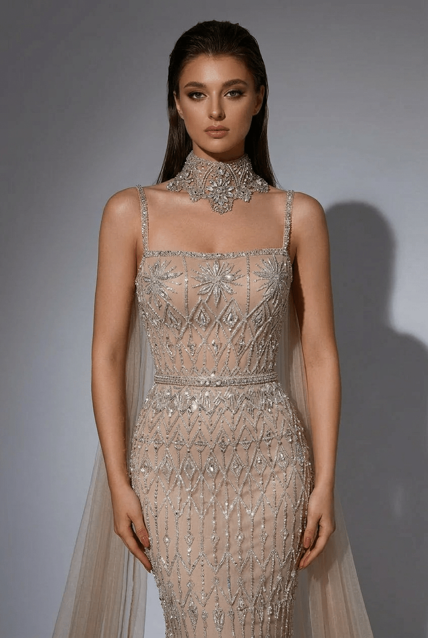 Nude Sequin Evening Gown with Cape – Sparkly Maxi Dress with Beaded Bodice and Tulle Train Plus Size - WonderlandByLilian