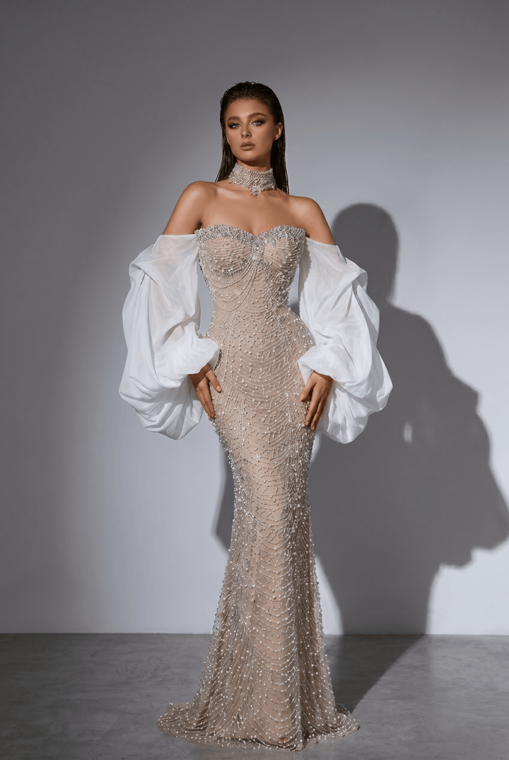 Nude Strapless Glitter Dress