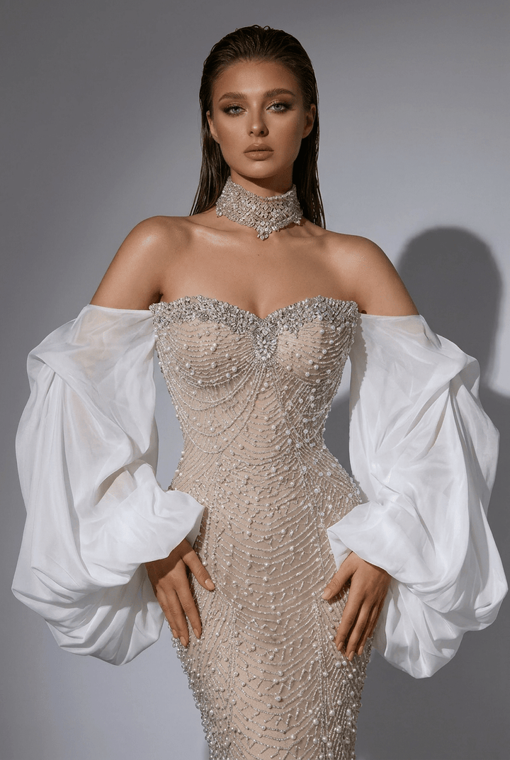 Nude Strapless Glitter Dress - Beaded Evening Dress with White Satin Wrap – Embellished Gown Plus Size - WonderlandByLilian