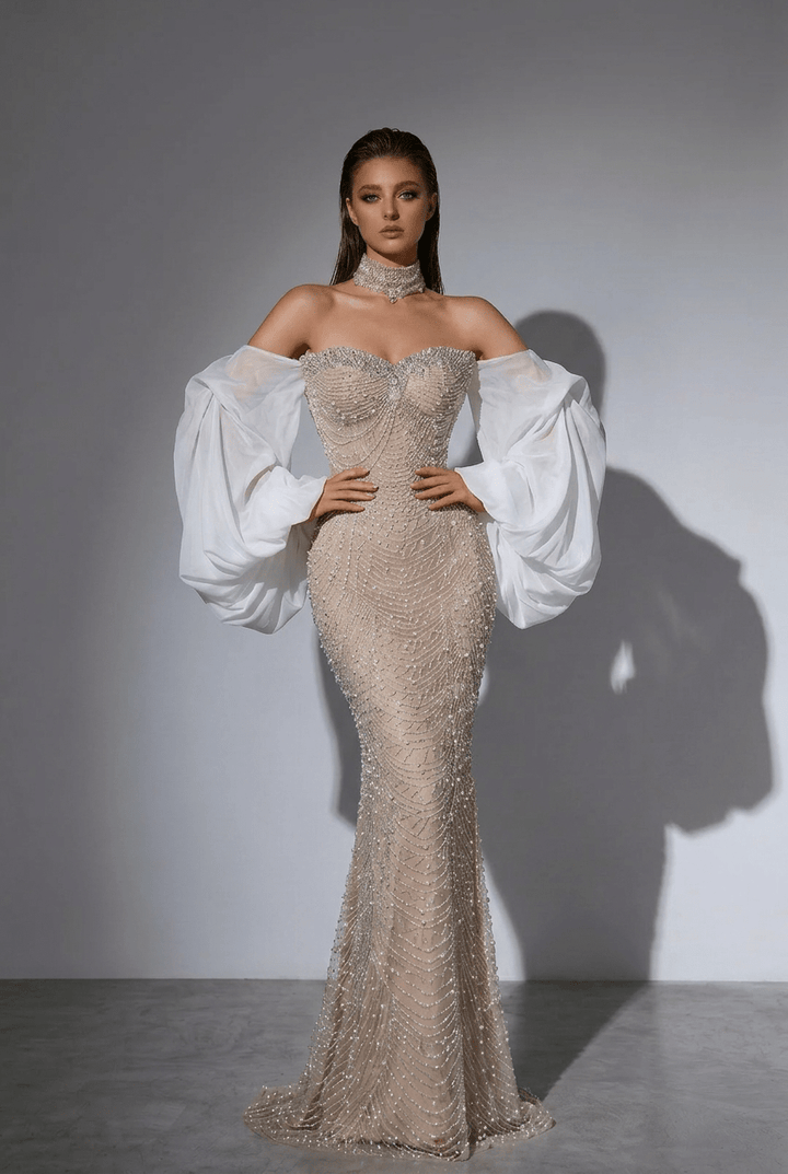 Nude Strapless Glitter Dress - Beaded Evening Dress with White Satin Wrap – Embellished Gown Plus Size - WonderlandByLilian