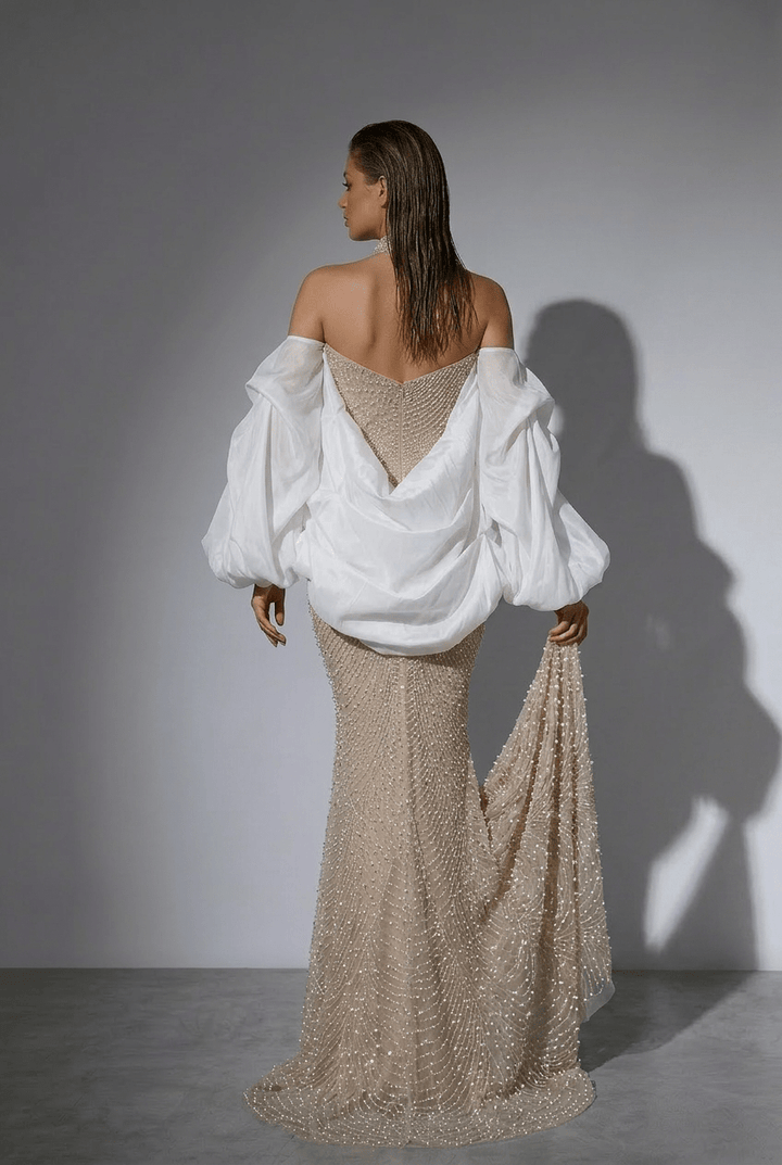 Nude Strapless Glitter Dress - Beaded Evening Dress with White Satin Wrap – Embellished Gown Plus Size - WonderlandByLilian
