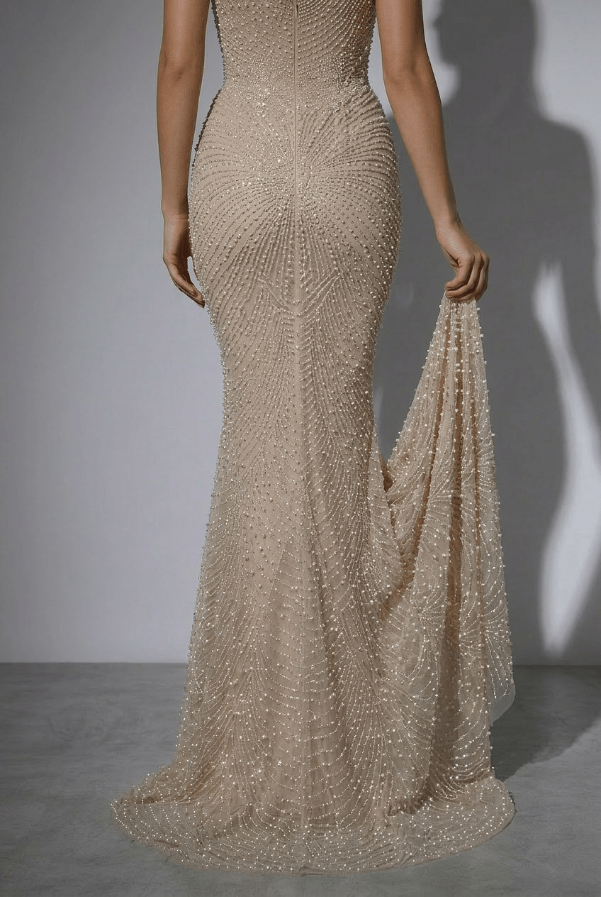 Nude Strapless Glitter Dress - Beaded Evening Dress with White Satin Wrap – Embellished Gown Plus Size - WonderlandByLilian