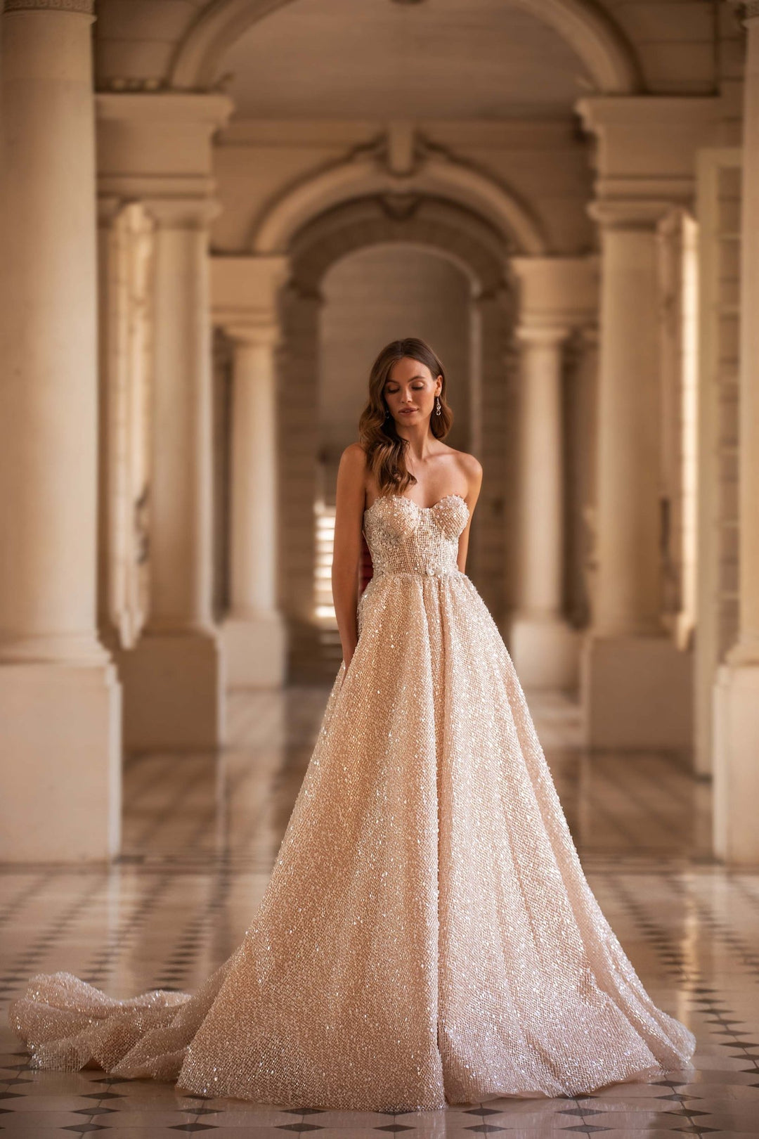 Nude Wedding Dress Ball Gown with Sequins Pearls and Exquisite Train Plus Size - WonderlandByLilian