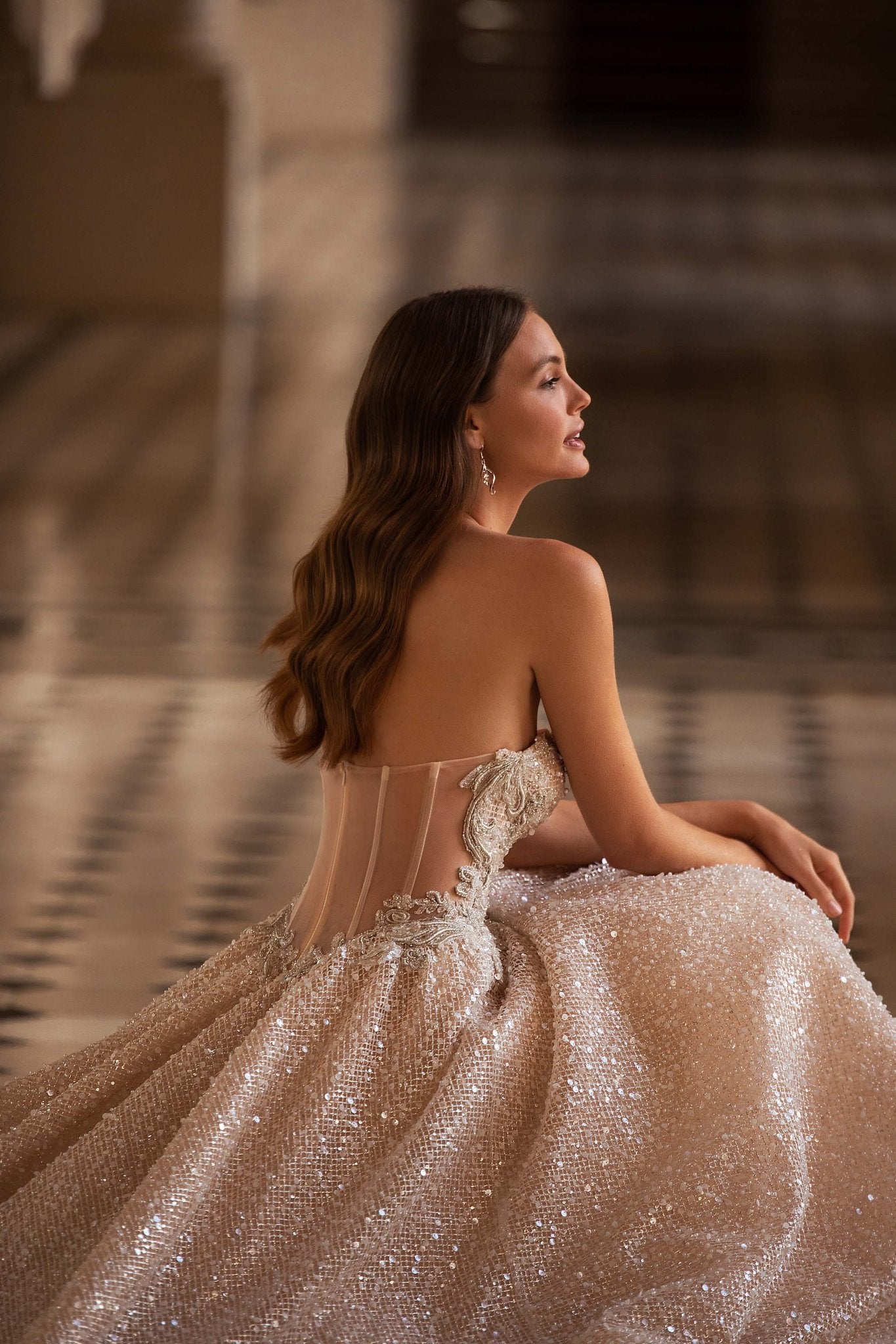 Nude Wedding Dress Ball Gown with Sequins Pearls and Exquisite Train Plus Size - WonderlandByLilian
