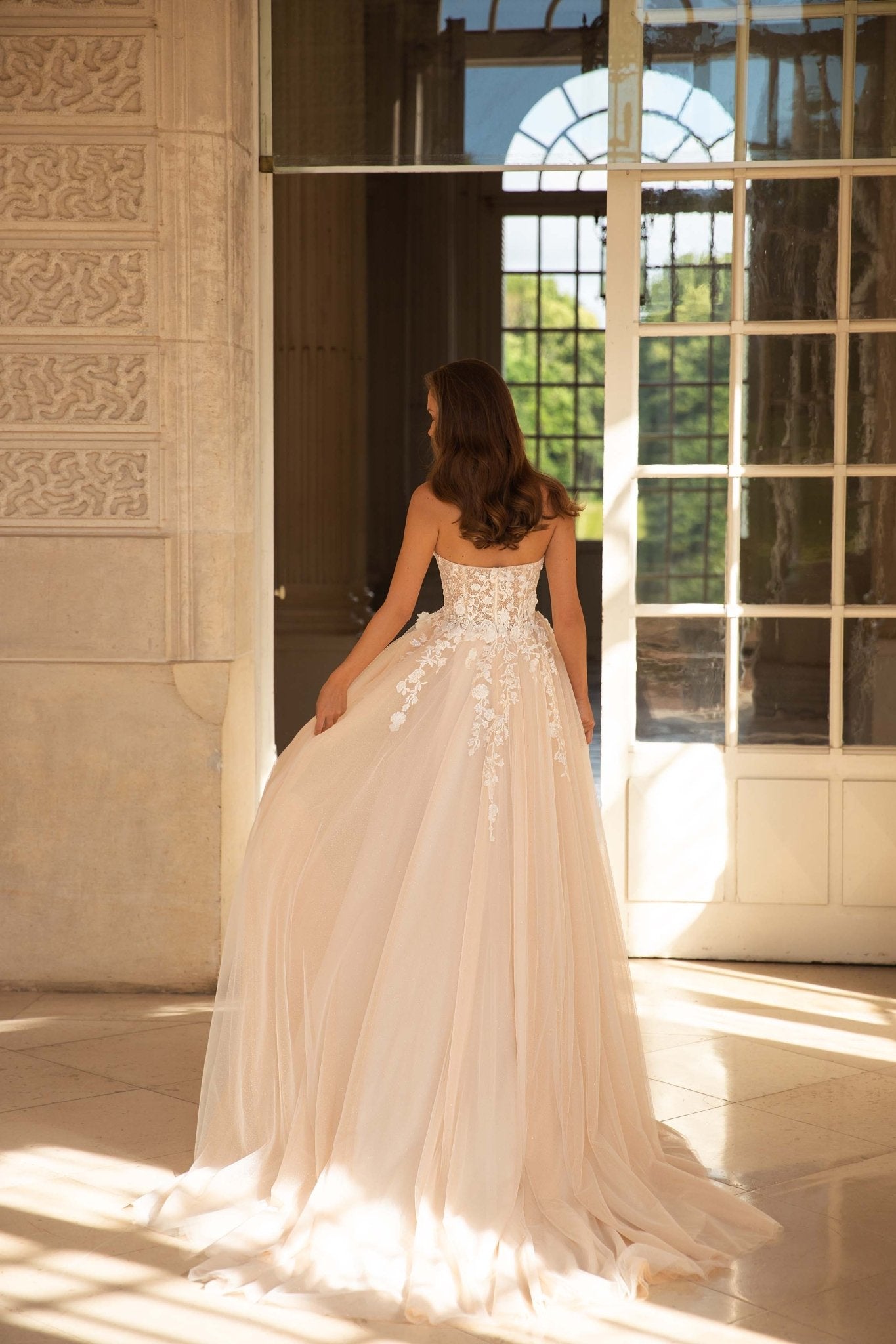 Nude Wedding Dress Luxurious A-line with Voluminous Floral Appliqués and Deep Cut Plus Size - WonderlandByLilian
