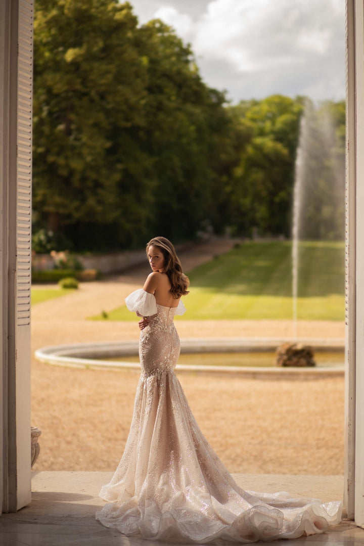 Nude Wedding Dress Luxurious Fish Silhouette with Floral Lace and Draped Sleeves Plus Size - WonderlandByLilian