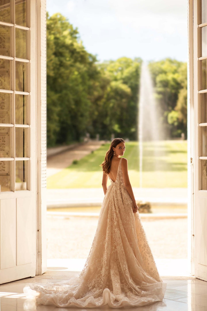 Nude Wedding Dress Princess Silhouette with 3D Flowers and Long Train Plus Size - WonderlandByLilian