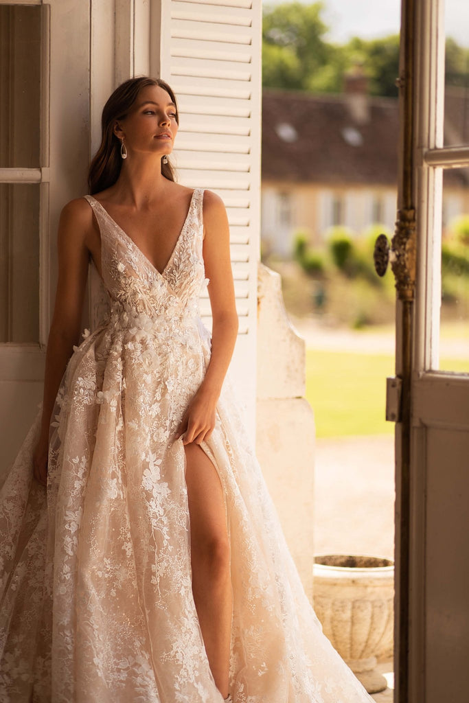 Nude Wedding Dress Princess Silhouette with 3D Flowers and Long Train Plus Size Size 6