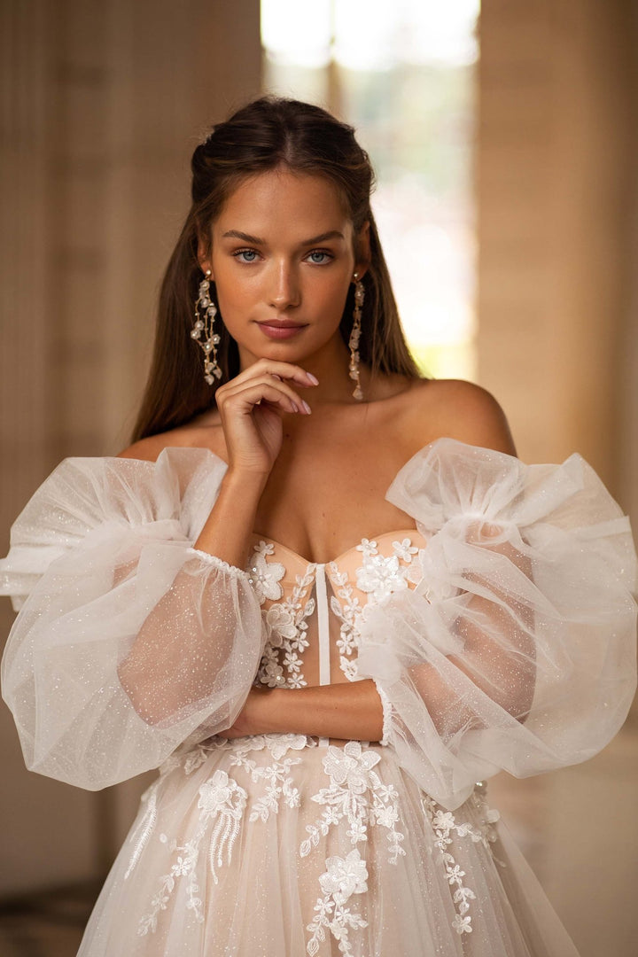 Nude Wedding Dress with Tulle Sleeves and 3D Appliqués - Plus Size - WonderlandByLilian