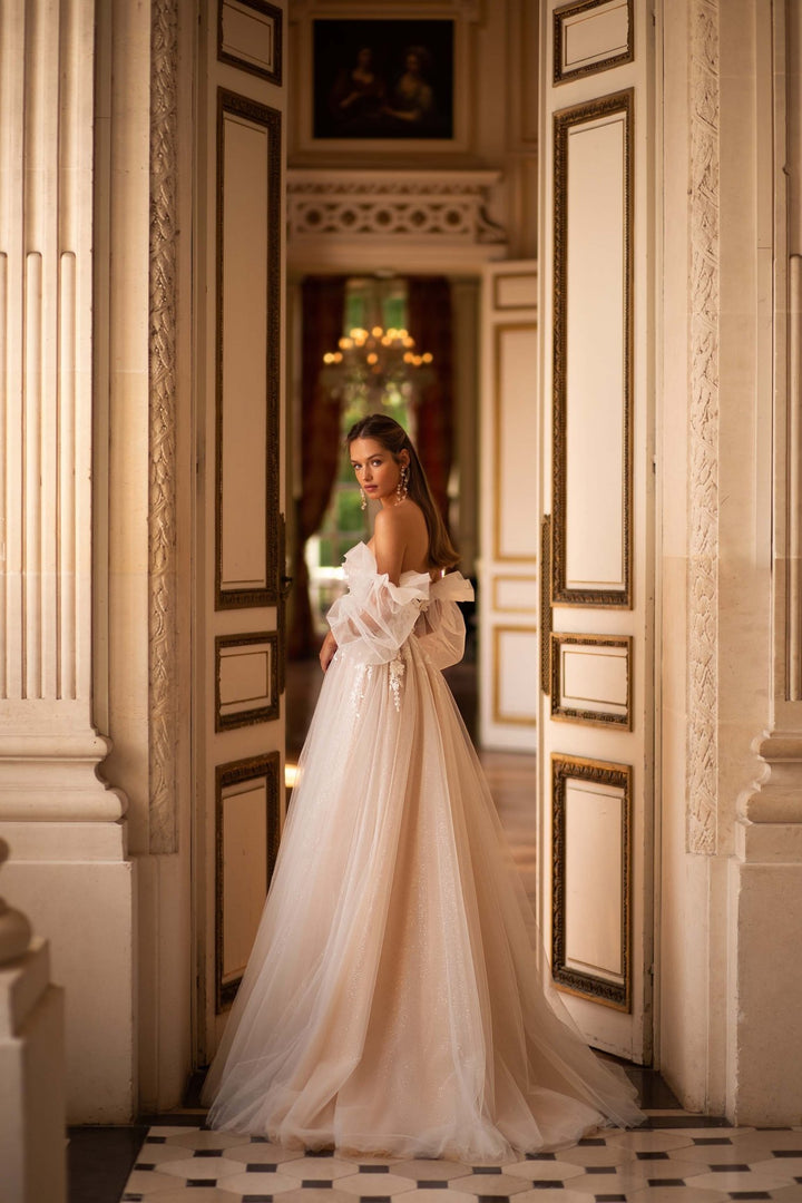 Nude Wedding Dress with Tulle Sleeves and 3D Appliqués - Plus Size - WonderlandByLilian