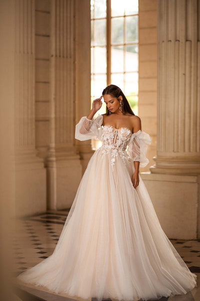 Nude Wedding Dress with Tulle Sleeves and 3D Appliqués - Plus Size - WonderlandByLilian