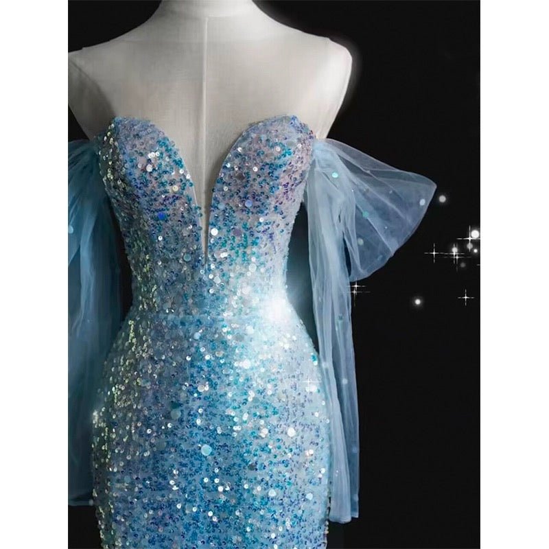 Off Shoulder Blue Sequins Mermaid Evening Gown With Gauze Plus Size - WonderlandByLilian