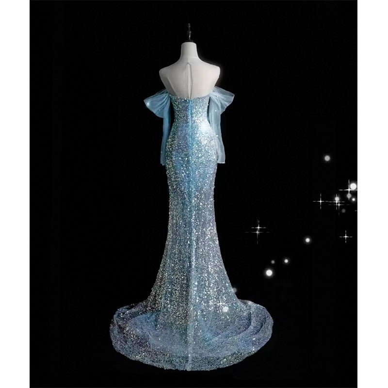 Off Shoulder Blue Sequins Mermaid Evening Gown With Gauze Plus Size - WonderlandByLilian