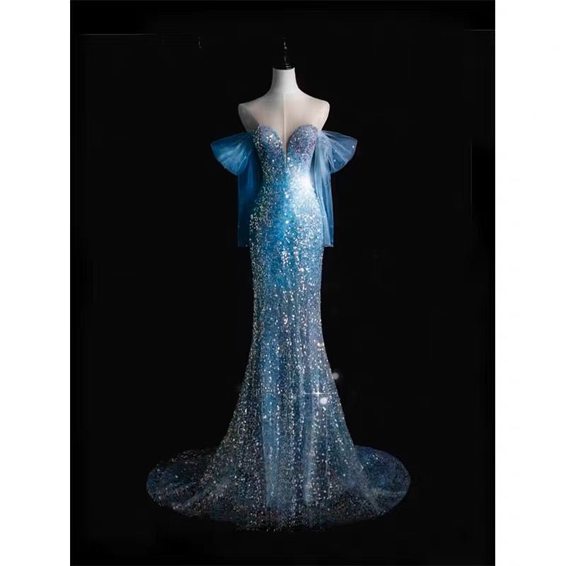 Off Shoulder Blue Sequins Mermaid Evening Gown With Gauze Plus Size - WonderlandByLilian