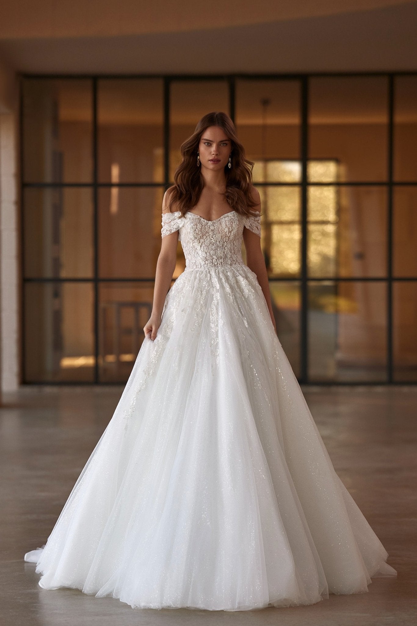 Off-Shoulder Embroidered Corset Wedding Dress with Floral Beaded Train Plus Size - WonderlandByLilian