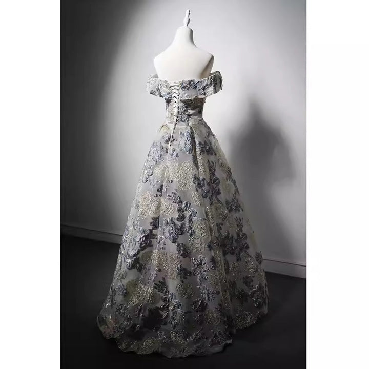 Off-Shoulder Embroidered Taffeta Ball Gown with Grey and Purple Floral Design and Pearl Accents - WonderlandByLilian