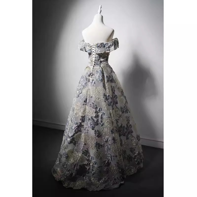 Off-Shoulder Embroidered Taffeta Ball Gown with Grey and Purple Floral Design and Pearl Accents Size 4 / Gray Off-Shoulder Embroidered Taffeta Ball Gown with Grey and Purple Floral Design and Pearl Accents Size 4 / Gray