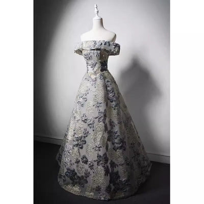 Off-Shoulder Embroidered Taffeta Ball Gown with Grey and Purple Floral Design and Pearl Accents - WonderlandByLilian