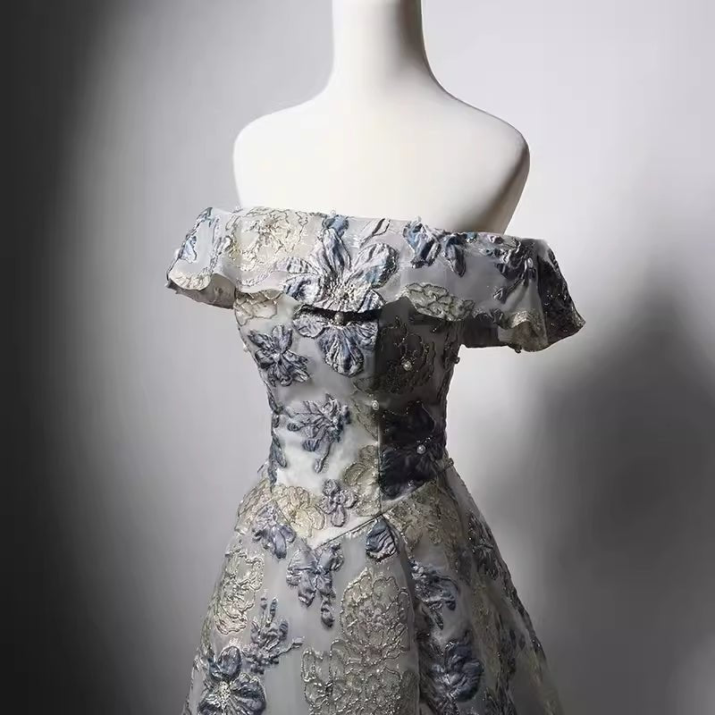 Off-Shoulder Embroidered Taffeta Ball Gown with Grey and Purple Floral WonderlandByLilian Off-Shoulder Embroidered Taffeta Ball Gown with Grey and Purple Floral WonderlandByLilian