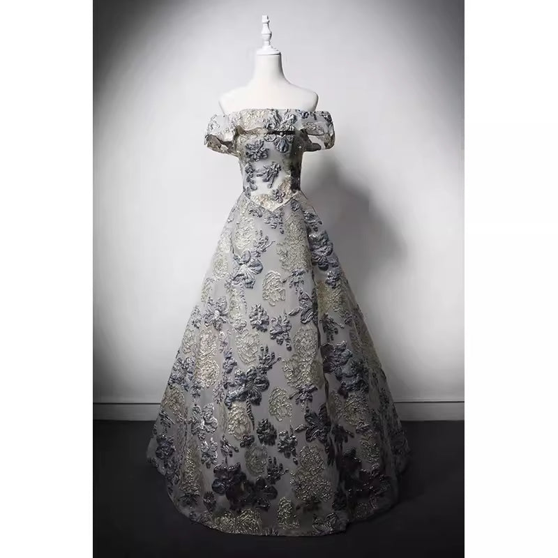 Off-Shoulder Embroidered Taffeta Ball Gown with Grey and Purple Floral Design and Pearl Accents - WonderlandByLilian