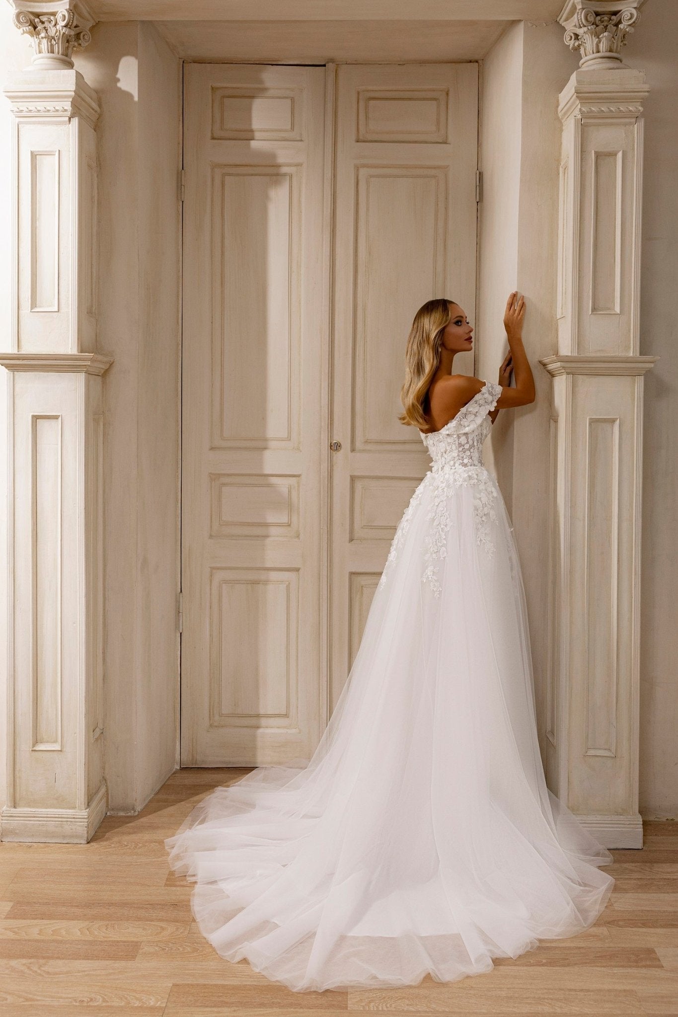 Off-Shoulder Floral Lace Wedding Dress with High Slit and Elegant Train - WonderlandByLilian