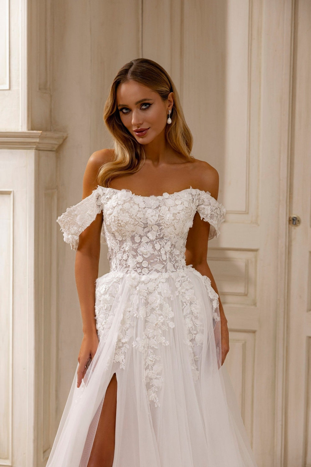 Off-Shoulder Floral Lace Wedding Dress with High Slit and Elegant Train - WonderlandByLilian